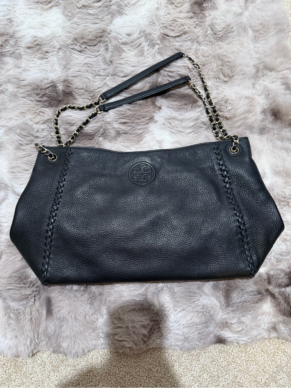 Tory Burch Black Leather Marion Whipstitch Chain Shoulder Bag
